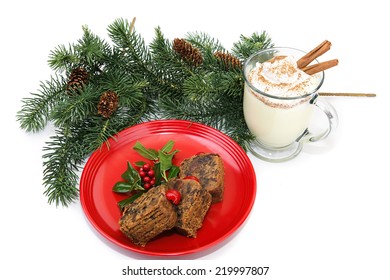 Christmas Fruitcake And Eggnog On White Background.  