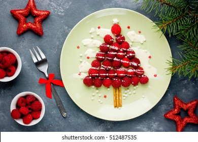 Christmas Fun Food Idea For Kids - Raspberry Christmas Tree For Healthy Dessert Or Breakfast 