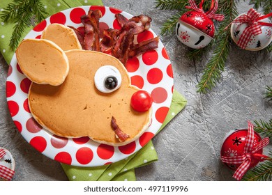 Christmas Fun Food For Kids. Reindeer Pancake For Breakfast