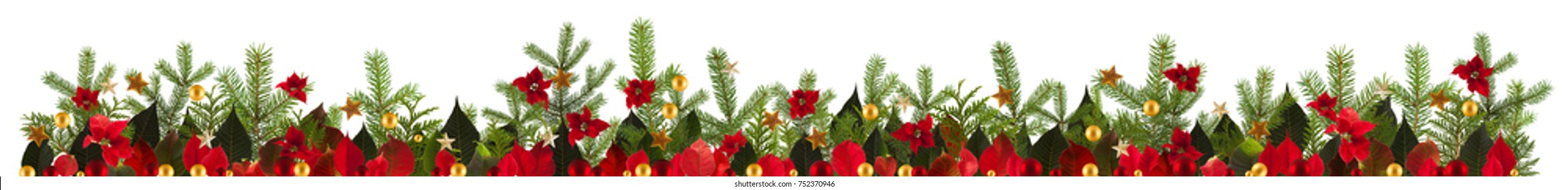 Christmas Garland Background With Golden Stars And Poinsetta, Free Space For Your Text