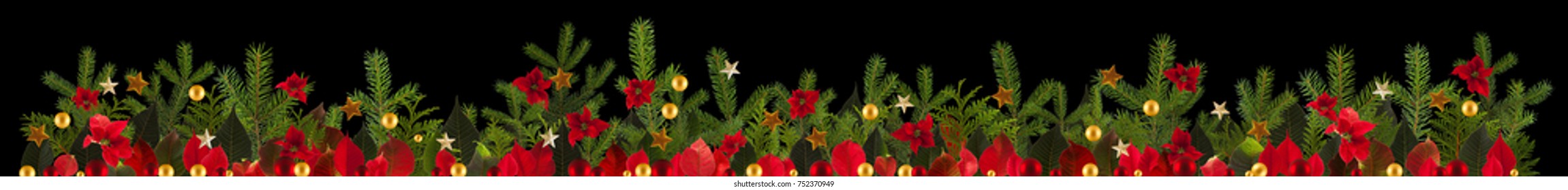 Christmas Garland Background With Golden Stars And Poinsetta, Free Space For Your Text