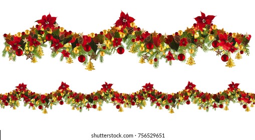 Christmas Garland Background With Golden Stars And Poinsetta, Free Space For Your Text