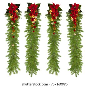 Christmas Garland Background With Golden Stars And Poinsetta, Free Space For Your Text