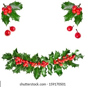 Christmas Garland Of European Holly Ilex Isolated On White Background 