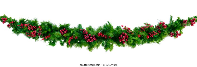 Christmas Garland With Red Berries, Isolated On White.