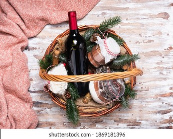 Christmas Gift Basket With Bottle Of Red Wine And Cookie Mix
