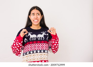 Christmas Gift Become A Bad Santa Idea On A Unhappy Woman, Ugly Sweater For Christmas Celebration