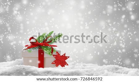christmas gift, christmas box, xmas background, abstract winter landscape with snowflakes for christmas concept with copy space