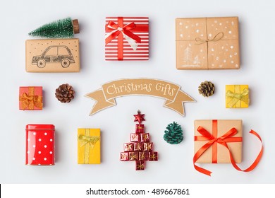 Christmas Gift Boxes Collection For Mock Up Template Design. View From Above. Flat Lay