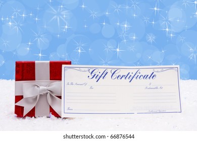 A Christmas Gift With A Gift Certificate On A Snow Background, Christmas Time