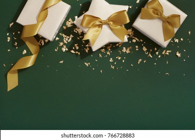 Christmas Gift Flat Lay With Copy Space On Dark Green Background