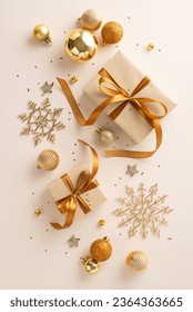Christmas gift inspiration featuring artisanal gift boxes, ribbon bows, chic orange and gold baubles, shiny stars, snowflake decor, and confetti on a gentle pastel surface. Vertical top view image - Shutterstock ID 2364363665