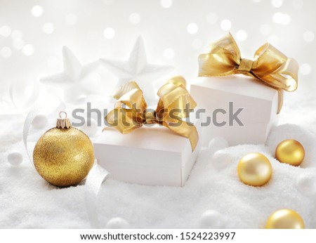 christmas gift, christmas ornaments and snow