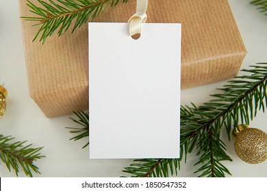 Christmas Gift Tag Mockup, Rectangle Blank Favor Label, Greeting Card, Thank You Card Mock Up, Gift Box, Fir Tree Branches.