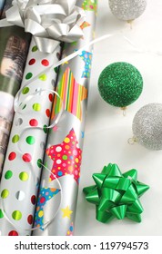 Christmas Gift Wrapping Papers With Ribbon And Supplies.