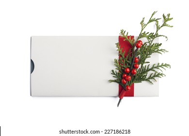 Christmas Giftcard Isolated With Mistletoe And Ribbon 