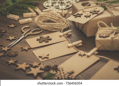 Christmas. Gifts. Cardboard vintage name tags on a string