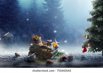 Christmas Gifts And Goods With Fantasy Forest Winter Theme Background