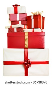 Christmas Gifts Isolated. Pile Of Christmas Presents Stacked Isolated On White Background. Red And White Colors.