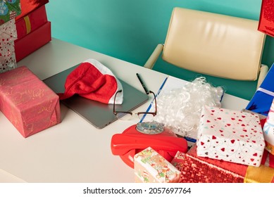 Christmas Gifts Lie On The Table In Modern Santa's Office