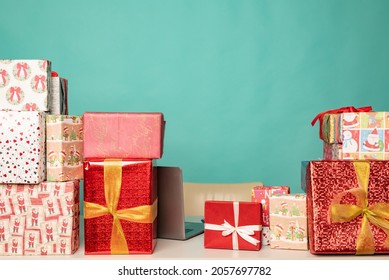 Christmas Gifts Lie On The Table In Modern Santa's Office