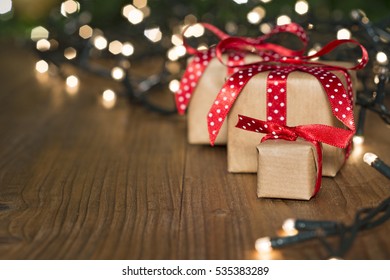 Christmas Gifts On Wood, Light Tree