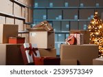 Christmas gifts at the warehouse: shipment, delivery and logistics concept