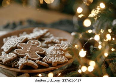 Christmas gingerbread cookies with icing in plate on festive rustic table with decorations, fir branches, golden illumination. Merry Christmas! Delicious gingerbread cookies, atmospheric time - Powered by Shutterstock