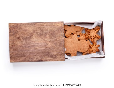 Christmas Gingerbread Cookies In Wooden Box Isolated On White. Top View. Happy New Year And Merry Christmas, Holiday Gift Concept.