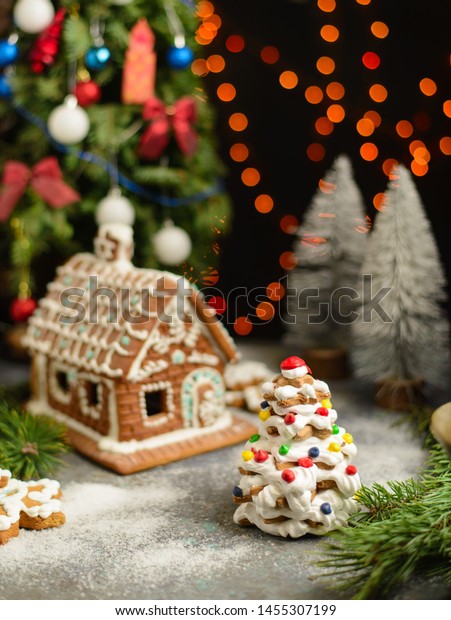Christmas Gingerbread House Fur Tree Party Stock Photo Edit Now