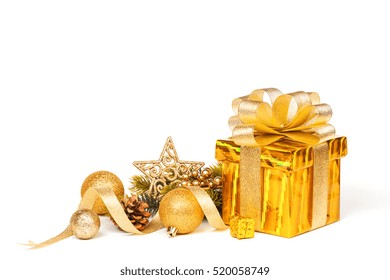 Christmas Gold Gift Isolated On White. Studio Shot