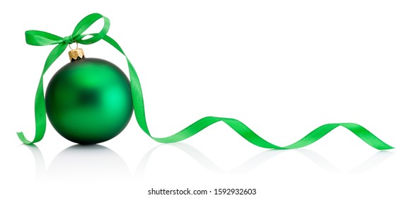 Christmas Green Bauble With Ribbon Bow Isolated On A White Background