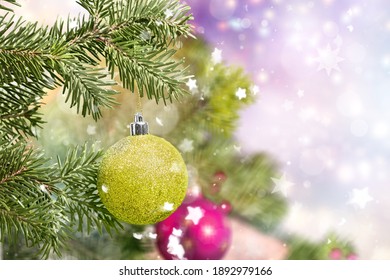 Christmas Green Pine Tree With Decoration And Bokeh Light.