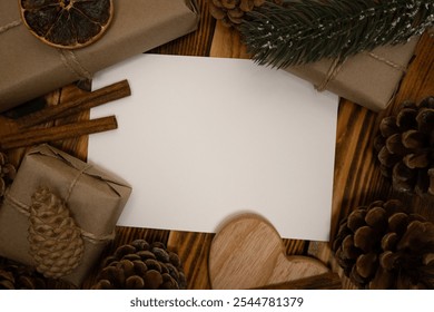 Christmas greeting card with a cozy background, packed presents, pine cones, cinnamon sticks, wood heart, and dried orange, perfect for sending festive messages. - Powered by Shutterstock