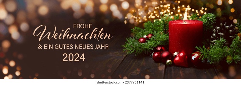 Christmas greeting card with German text Frohe Weihnachten und ein gutes neues Jahr 2024 - Beautiful red burning candle with bokeh lights - Powered by Shutterstock