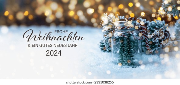 Christmas greeting card with text in German - Frohe Weihnachten means Merry Christmas and Happy New Year 2024 - Beautiful xmas decoration with Christmas tree in snow - Background banner, header - Powered by Shutterstock