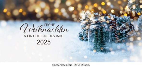 Christmas greeting card with text in German - Frohe Weihnachten means Merry Christmas and Happy New Year 2025 - Beautiful xmas decoration with Christmas tree in snow - Background banner, header - Powered by Shutterstock