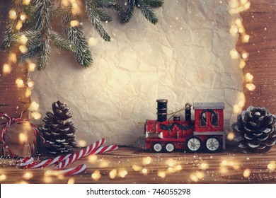 Christmas greeting card with train and Christmas decoration.