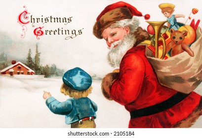 'Christmas Greetings' - Santa Claus asking directions from a little boy - a circa 1914 vintage greeting card illustration.