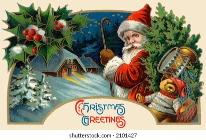 'Christmas Greetings' - Santa Claus making a delivery - circa 1914 vintage greeting card illustration.