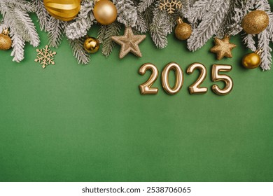 Christmas and Happy New year 2025 with gold glitter decorations on green bright background. Holiday party decoration . Christmas celebration, holiday card