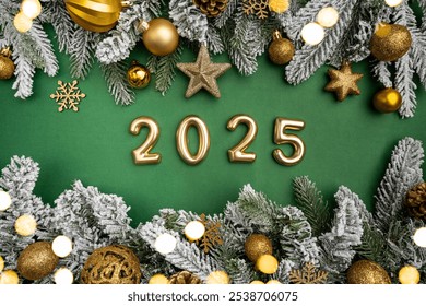 Christmas and Happy New year 2025 with gold glitter decorations on green bright background. Holiday party decoration . Christmas celebration, holiday card