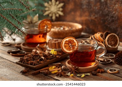 Christmas herbal tea with cinnamon, anise, and slices of dry citrus. Herbal tea with ingredients on a old wooden table.