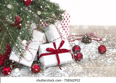 Christmas Holiday Background. Gifts Under Christmas Tree. Copy Space On White. Effect Drawn Snow.