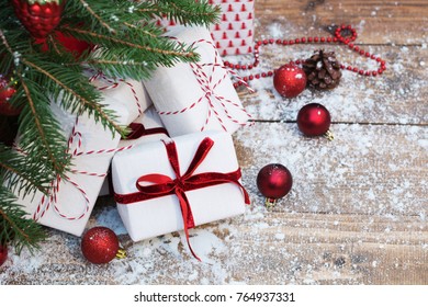 Christmas Holiday Background. Gifts Under Christmas Tree. Copy Space On White.