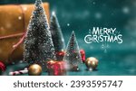 Christmas holiday background, Merry Christmas poster design small snow Christmas trees with balls with greeting text, 2023 Happy Christmas photography