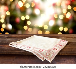 Christmas Holiday Background With Rustic Table Over Christmas Bokeh For Product Montage