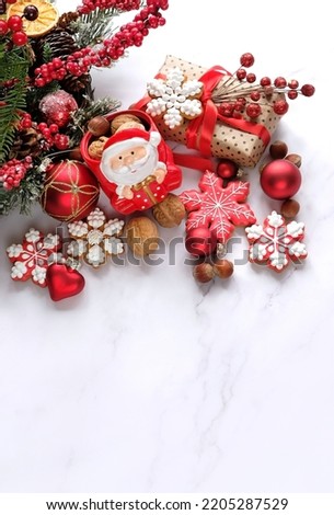 Similar – Image, Stock Photo Golden Christmas ornaments on snow background