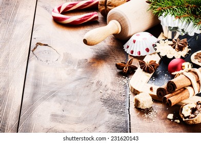 Christmas Holiday Baking Setting With Rolling Pin And Spices