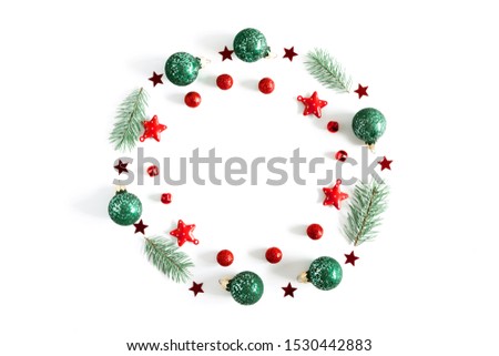 Christmas holiday composition. Xmas decorations on white background. Christmas, New Year, winter concept. Flat lay, top view, copy space